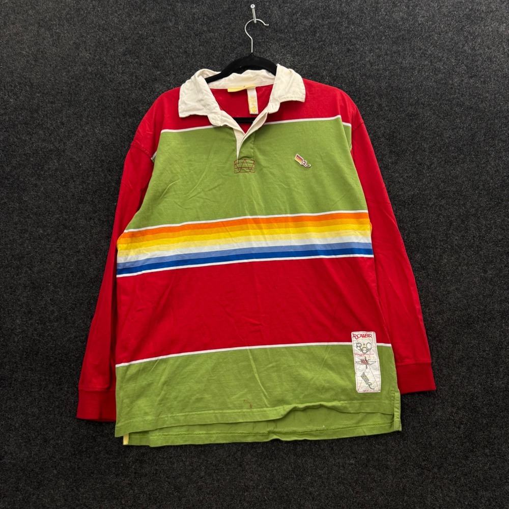 Vintage Rocawear Rugby Shirt Mens XL Long Sleeve Rainbow Stripe Red Green Cotton
